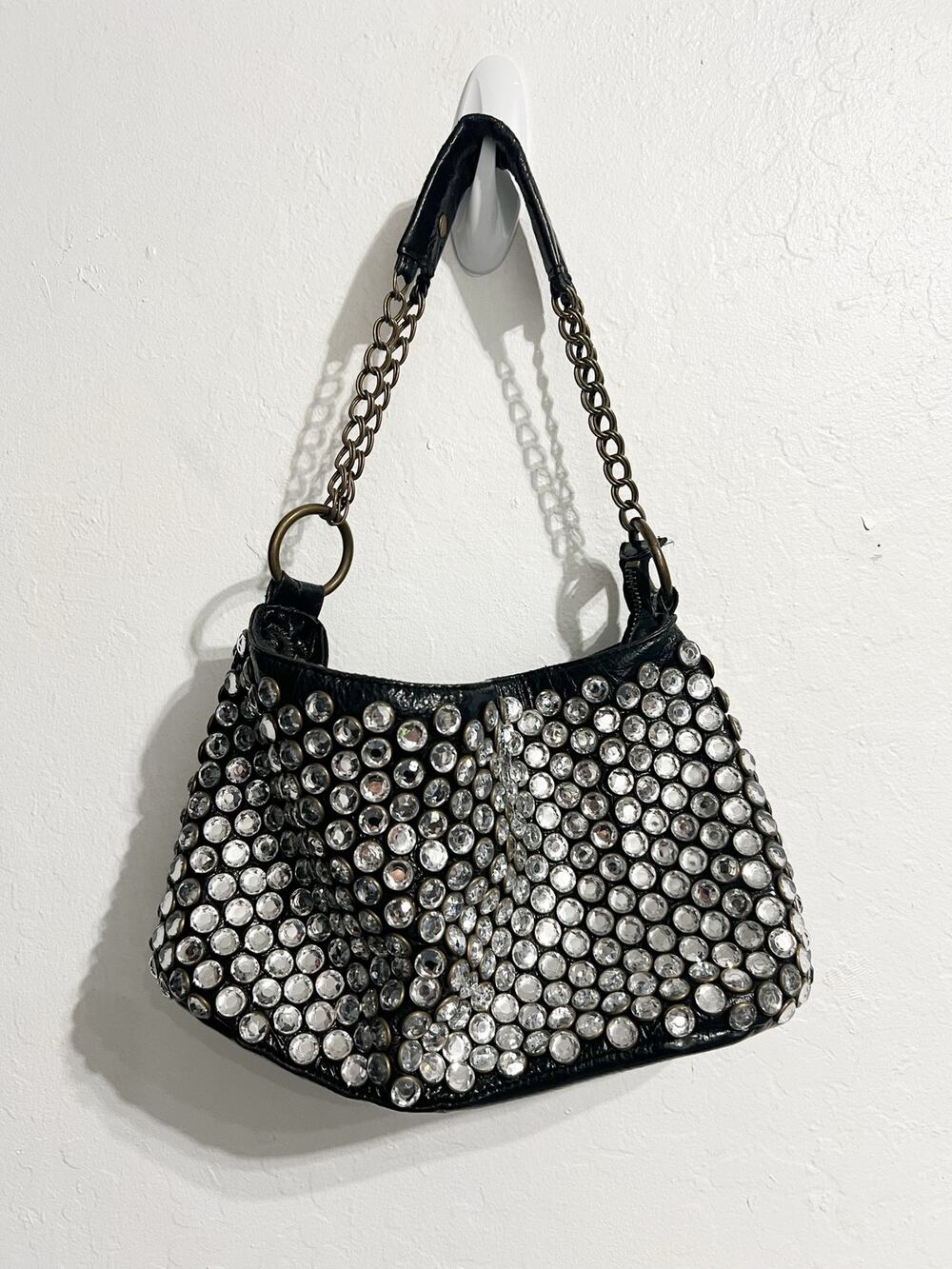 VTG Betsey Johnson Y2K Rhinestone Black Leather Chain Bling Goth Biker Glam 2000